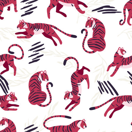 Seamless pattern with hand drawn exotic big cat viva magenta tiger, with abstract elements on white background. Colorful flat vector illustrationのイラスト素材