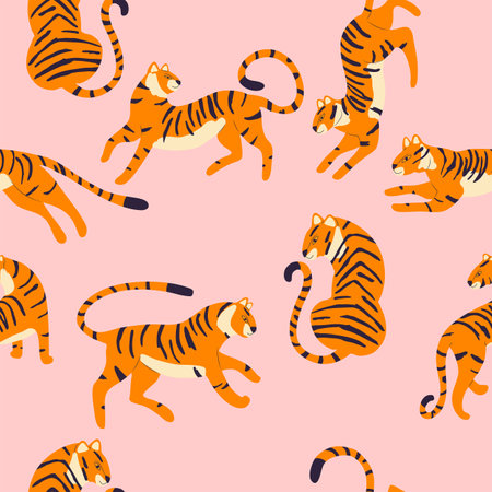 Seamless pattern with hand drawn exotic big cat tiger, on bright pink background. Colorful flat vector illustrationのイラスト素材