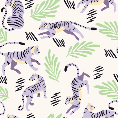 Seamless pattern with hand drawn exotic big cat purple tiger, with tropical plants and abstract elements on white background. Colorful flat vector illustrationのイラスト素材