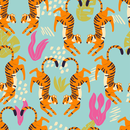 Seamless pattern with hand drawn exotic big cat tiger, with tropical plants and abstract elements on light blue background. Colorful flat vector illustrationのイラスト素材