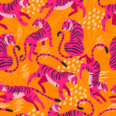 Seamless pattern with hand drawn exotic big cat tiger, in bright pink, with tropical plants and abstract elements on vibrant orange background. Colorful flat vector illustrationのイラスト素材