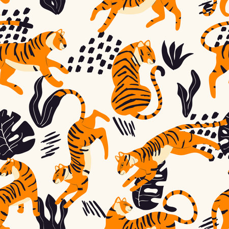 Seamless pattern with hand drawn exotic big cat tiger, with tropical plants and abstract elements on cream background. Colorful flat vector illustrationのイラスト素材