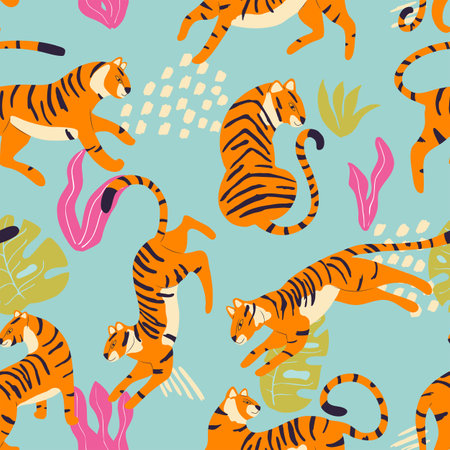 Seamless pattern with hand drawn exotic big cat tiger, with tropical plants and abstract elements on light blue background. Colorful flat vector illustrationのイラスト素材