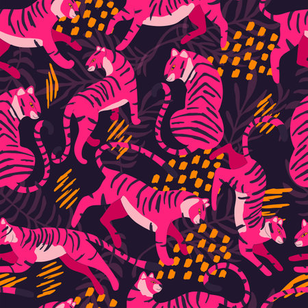 Seamless pattern with hand drawn exotic big cat tiger, in bright pink, with tropical plants and abstract elements on purple background. Colorful flat vector illustrationのイラスト素材