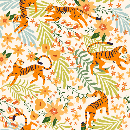 Seamless pattern with hand drawn exotic big cat tiger, with tropical plants, flowers and abstract elements on white background. Colorful flat vector illustrationのイラスト素材