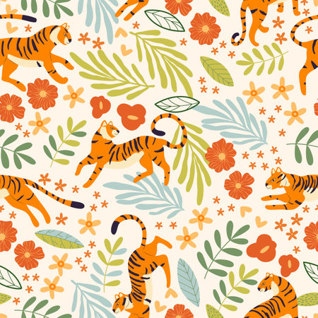 Seamless pattern with hand drawn exotic big cat tiger, with tropical plants, flowers and abstract elements on white background. Colorful flat vector illustrationのイラスト素材