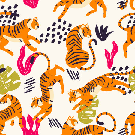 Seamless pattern with hand drawn exotic big cat tiger, with tropical plants and abstract elements on cream background. Colorful flat vector illustrationのイラスト素材