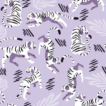 Seamless pattern with hand drawn exotic big cat white tiger, with tropical plants and abstract elements on light purple background. Colorful flat vector illustrationのイラスト素材