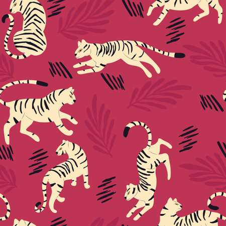 Seamless pattern with hand drawn exotic big cat white tiger, with tropical plants and abstract elements on viva magenta background. Colorful flat vector illustrationのイラスト素材