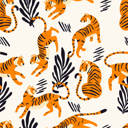 Seamless pattern with hand drawn exotic big cat tiger, with tropical plants and abstract elements on cream background. Colorful flat vector illustrationのイラスト素材