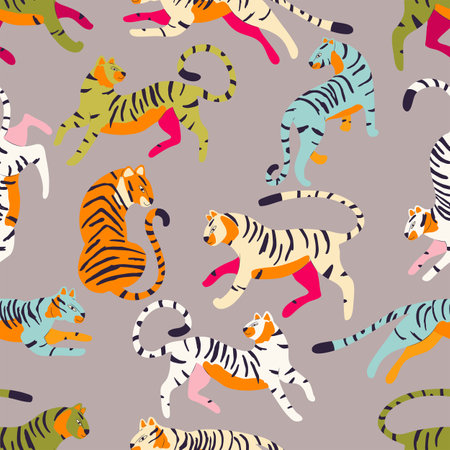 Seamless pattern with hand drawn exotic big cat tiger, in different colors, on light gray background. Colorful flat vector illustrationのイラスト素材