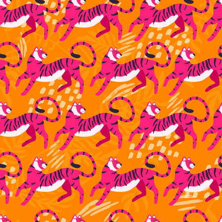 Seamless pattern with hand drawn exotic big cat tiger, in bright pink on vibrant orange background. Colorful flat vector illustrationのイラスト素材