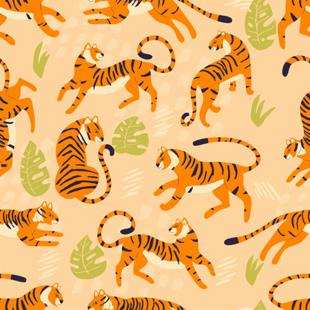 Seamless pattern with hand drawn exotic big cat tiger, with tropical plants and abstract elements on light brown background. Colorful flat vector illustrationのイラスト素材