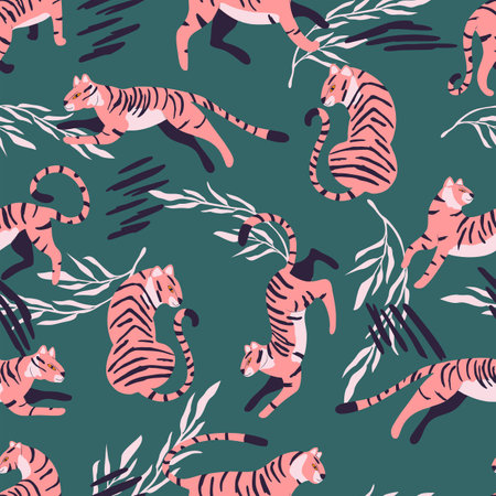 Seamless pattern with hand drawn exotic big cat pink tiger, with tropical plants and abstract elements on green background. Colorful flat vector illustrationのイラスト素材
