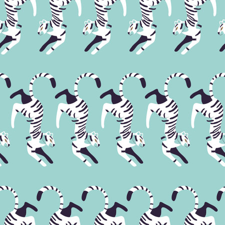 Seamless pattern with hand drawn exotic big cat white tiger, on light blue background. Colorful flat vector illustrationのイラスト素材