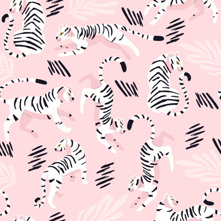 Seamless pattern with hand drawn exotic big cat white tiger, with tropical plants and abstract elements on light pink background. Colorful flat vector illustrationのイラスト素材