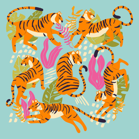 Collection of cute hand drawn tigers on bright blue background, standing, sitting, running and walking with exotic plants and abstract elements. Colorful vector illustrationのイラスト素材