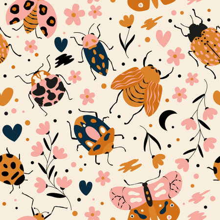 Seamless pattern with cute bugs, beetles, moth and insects, with floral elements, hearts and dots. Colorful hand drawn vector illustrationのイラスト素材