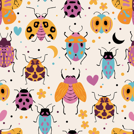 Seamless pattern with cute bugs, beetles, moth and insects, with floral elements, hearts and dots. Colorful hand drawn vector illustrationのイラスト素材