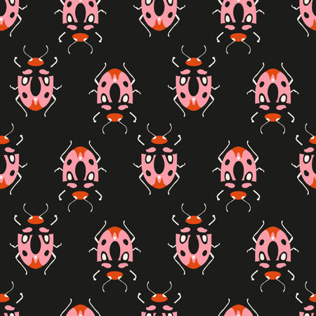 Seamless pattern with cute bugs. Colorful hand drawn vector illustrationのイラスト素材