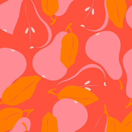 Seamless pattern with fruit shapes. Pears in vibrant pink and red. Colorful vector illustration.のイラスト素材