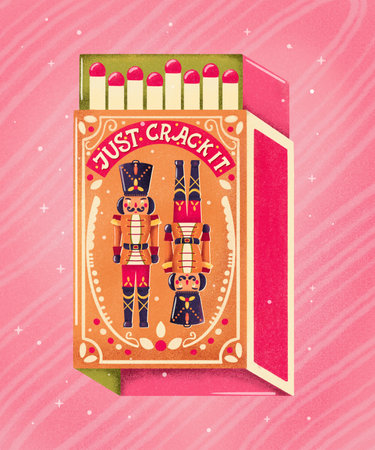 Two colorful nutcrackers on a matchbox with hand lettering on a pink background. Colorful festive...