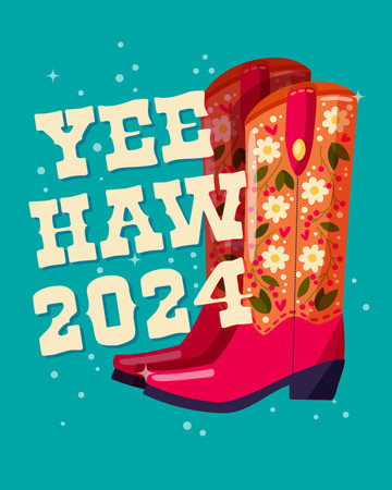 A pair of cowboy boots decorated with flowers and a hand lettering message Yeehaw 2024 on blue background. Happy New Year colorful hand drawn vector illustration in bright vibrant colors. Greeting card design.のイラスト素材