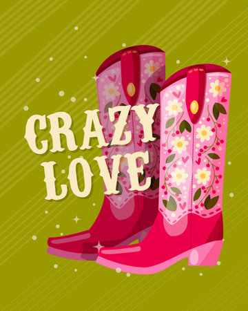 A pair of cowboy boots decorated with flowers and a hand lettering message Crazy Love on green background. Valentine colorful hand drawn vector illustration in bright vibrant colors.のイラスト素材