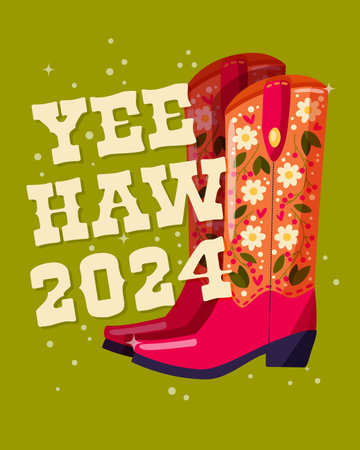 A pair of cowboy boots decorated with flowers and a hand lettering message Yeehaw 2024 on green background. Happy New Year colorful hand drawn vector illustration in bright vibrant colors. Greeting card design.のイラスト素材
