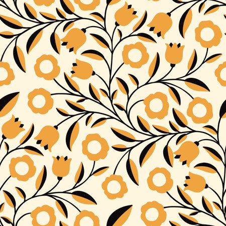 Golden Petals and Dark Leaves Pattern on Soft Creamy Backgroundの写真素材
