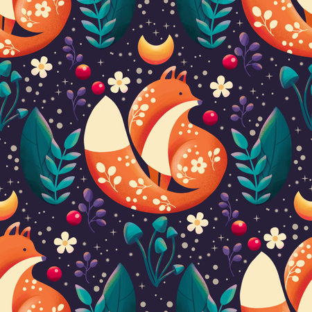 This enchanting illustration features a whimsical forest scene filled with adorable foxes and lush foliage. The foxes are depicted with intricate floral patterns, adding a touch of magic to the scene. The background is a deep purple, creating a starry night sky effect. The overall atmosphere is one of wonder and tranquility.の写真素材