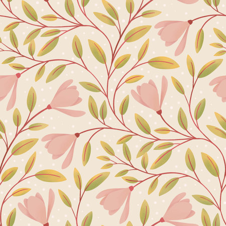 A delicate and romantic floral pattern with pink flowers and green leaves on a soft cream background.の写真素材