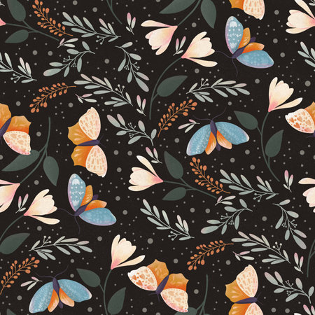 A magical garden with vibrant butterflies and blooming flowers on dark backgroundの写真素材