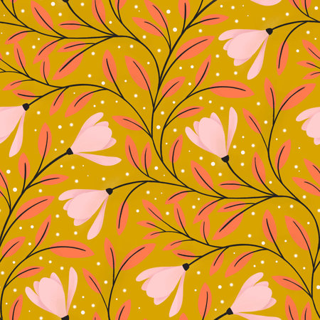 A vibrant and cheerful magnolia floral pattern with pink flowers and orange leaves on a golden yellow background.の写真素材