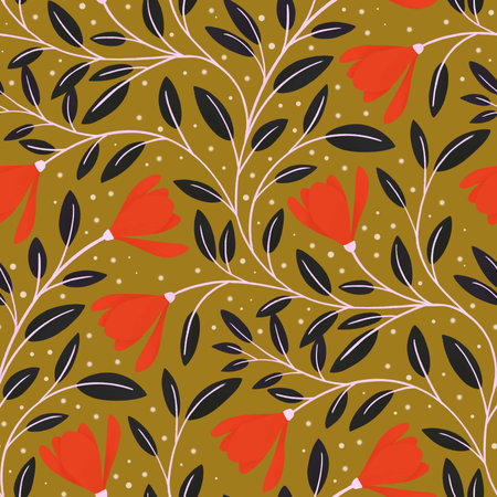 A vibrant and cheerful floral pattern with red Magnolia flowers and black leaves on a golden yellow backgroundの写真素材