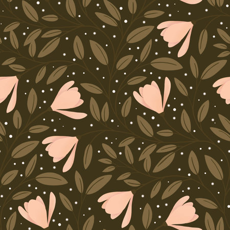 A moody and elegant floral pattern with pink magnolia flowers and dark green leaves.の写真素材