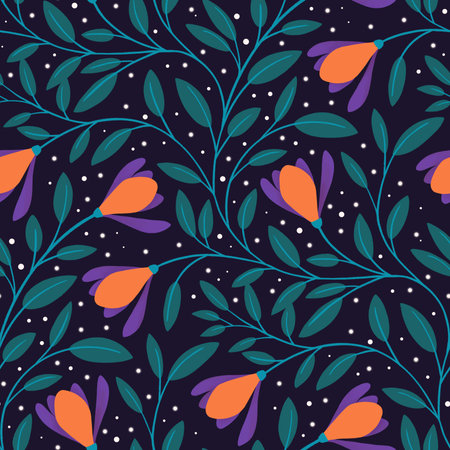 A moody and elegant floral Magnolia pattern with orange and purple flowers and dark green leaves on a midnight blue backgroundの写真素材