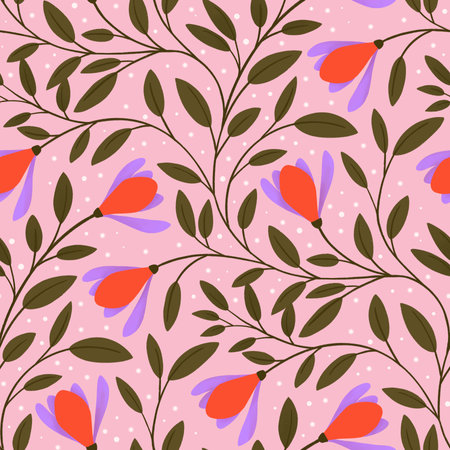 A sweet and delicate magnolia floral pattern with pink and red flowers and brown leaves on a light pink backgroundの写真素材
