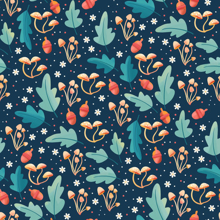 A whimsical and charming pattern featuring mushrooms, acorns, and leaves on a dark blue backgroundの写真素材