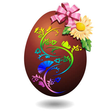 Chocolate Easter Egg with Pink Bow and Spring Flowerのイラスト素材