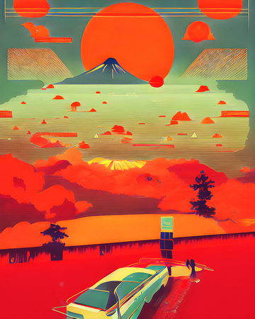 Japanese Autumn Sunset Over the Mountain - Retro Japanese Artの写真素材
