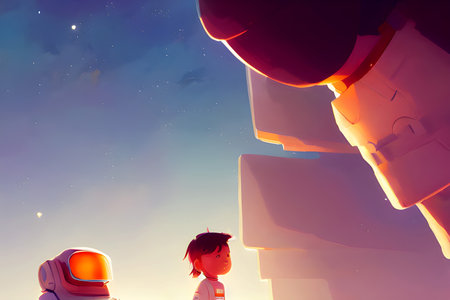 A Child and His Robot Friend - Beautiful Vibrant Concept Art
