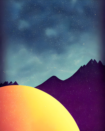 Abstract Night Moon and Sky Mountain - Retro Vintage Illustrationの写真素材