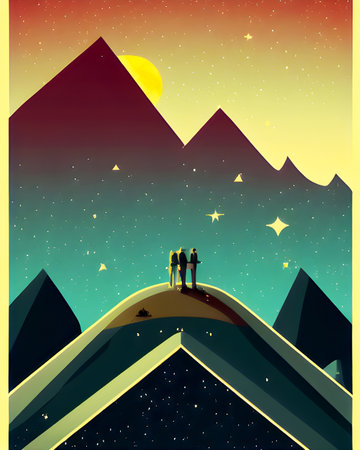 Family Mountain Expedition - Retro Vintage Illustrationの写真素材