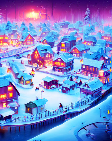 Red Night Winter Aurora - Retro Illustrationの写真素材