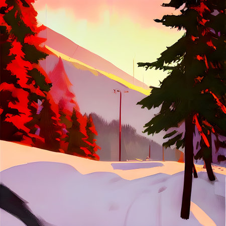 Winter landscape with pine trees and snowdrifts. Digital painting. - Colorful Flat Artのイラスト素材