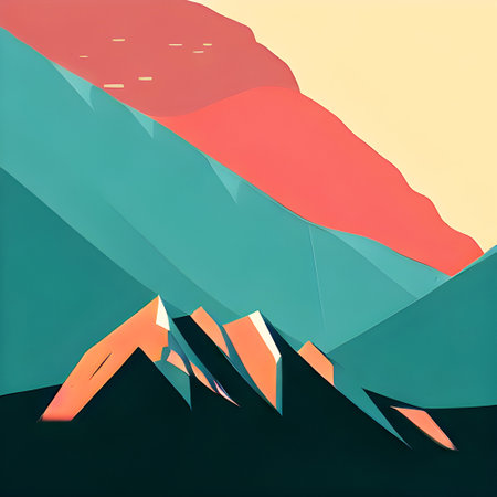Mountain landscape with red and blue colors. Minimalist style. - Colorful Flat Art