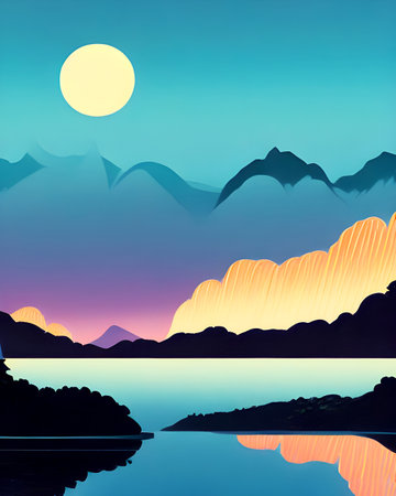Moon over the lake with mountains in the background, vector illustration - Art Deco Illustrationのイラスト素材