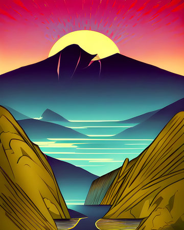 Bold Mountain landscape with a river and a sunset. Vector illustration. - Art Deco Illustration