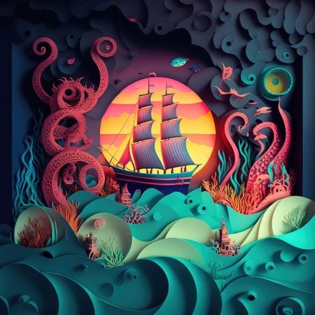 Sea landscape with ship and octopus. 3d vector illustration paper cut styleのイラスト素材